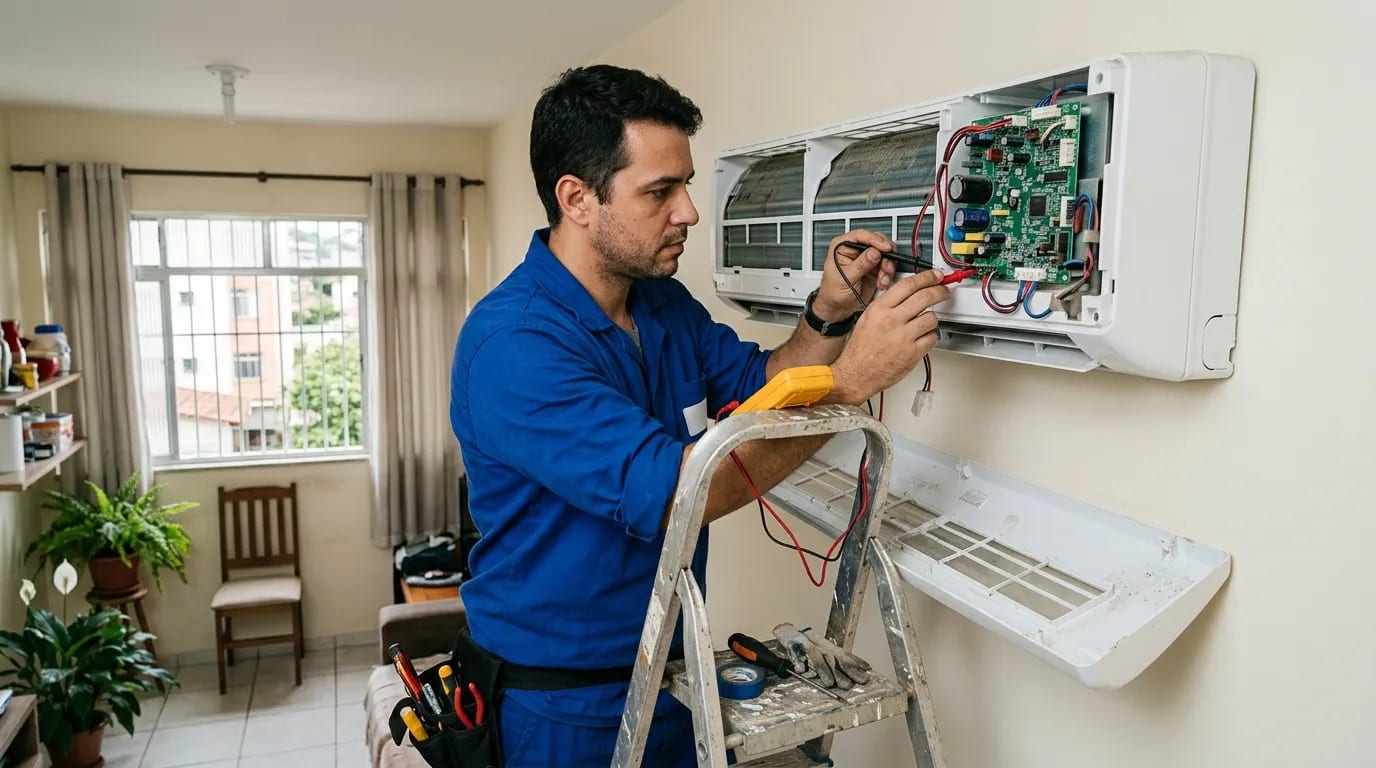 Eletricista ligando a placa do ar-condicionado split em Recife‑PE